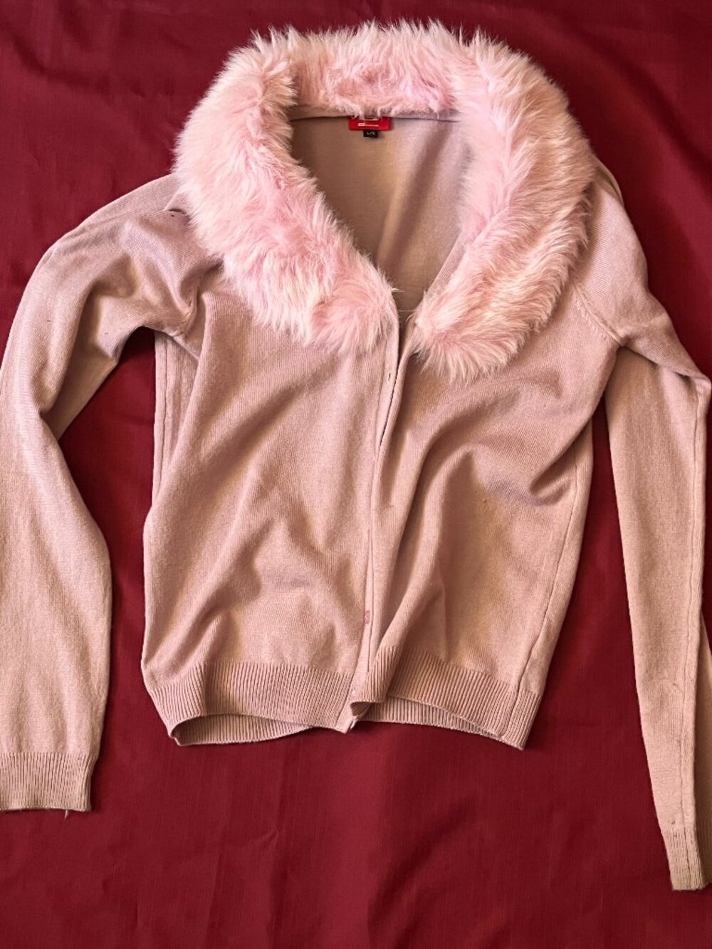 Soft Pink Blush Knit Cardigan With Faux Fur Collar For Women Size L